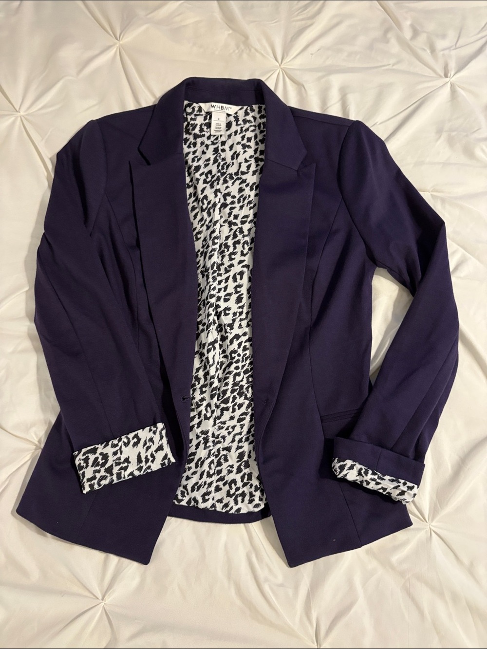 White House Black Market Purple Open-Front Blazer with Leopard Trim